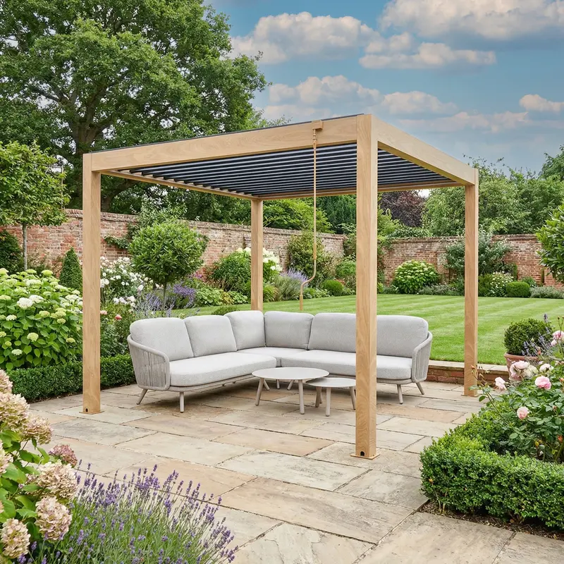 3M X 3M Wood-Effect Pergostet Plus Square Pergola Frame With Built-In Led Lighting 1