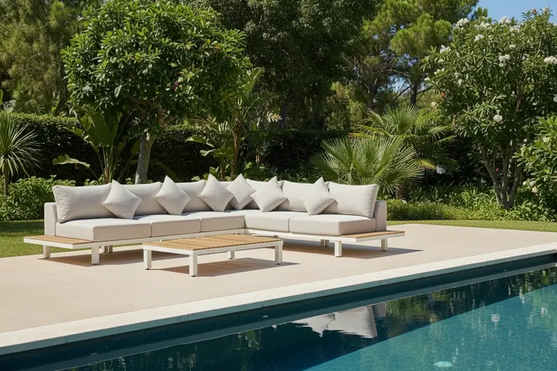 Ari Ralph Hampton White Modular Corner Lounge: Aluminum Frame & Acacia Wood, Weather-Resistant Fabric 1
