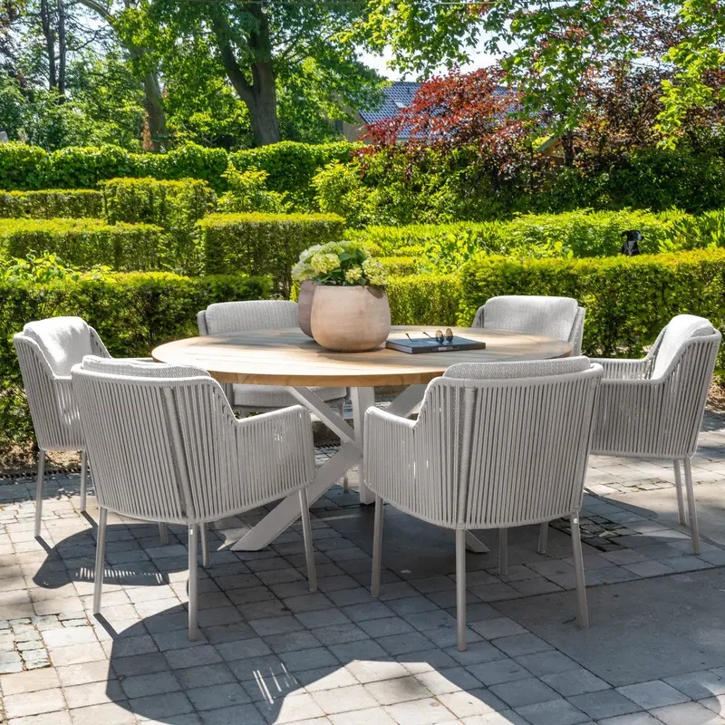 Bernini 6-Person Round Dining Set – Light Grey Frame With Teak Table 1