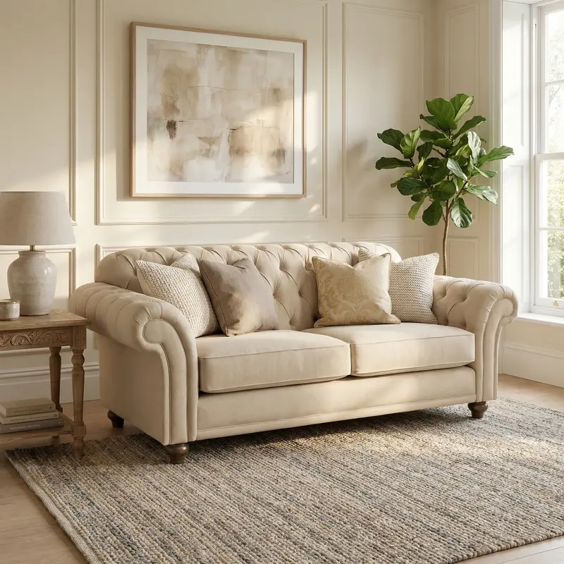 Chesterfield-Style 2-Seater Sofa – Beige Linen-Look Upholstery 1