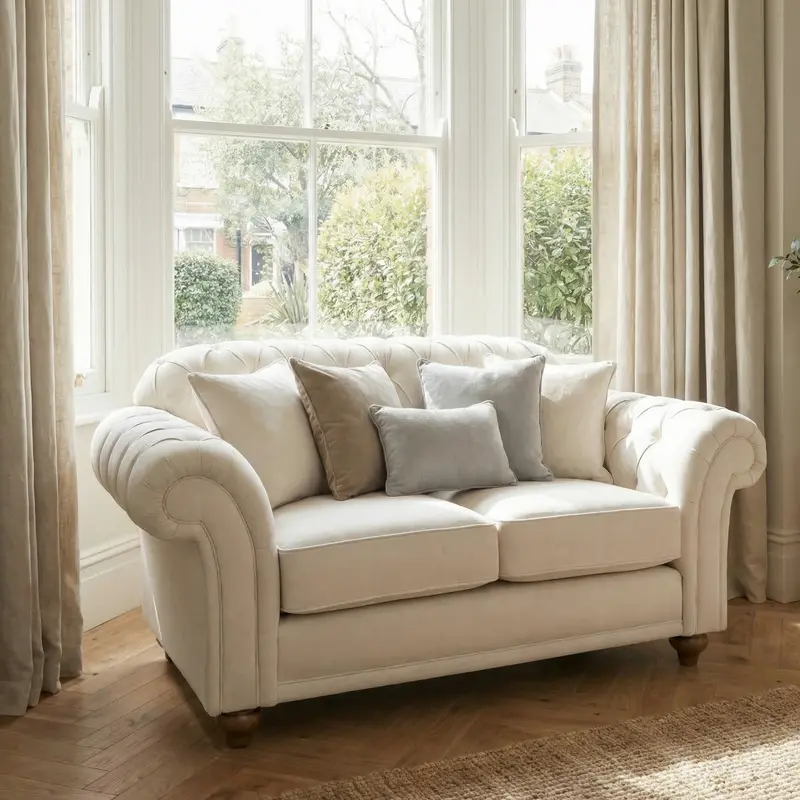 Chesterfield-Style 2-Seater Sofa – Ivory Linen-Look Upholstery 1