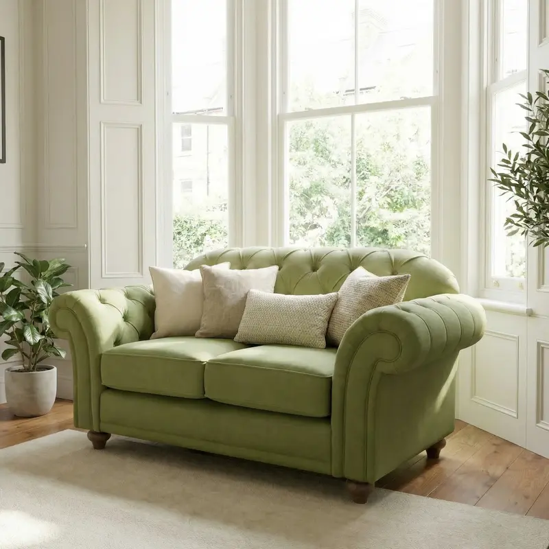 Chesterfield-Style 2-Seater Sofa – Olive Green Upholstery 1