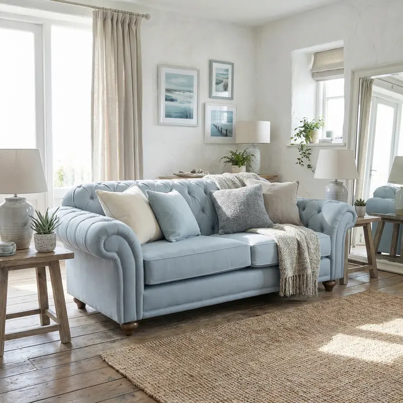 Chesterfield-Style 2-Seater Sofa – Sky Blue Upholstery 1