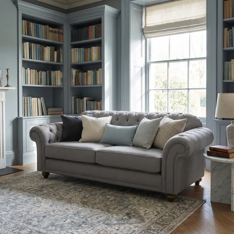 Chesterfield-Style 2-Seater Sofa – Smoke Grey Upholstery 1