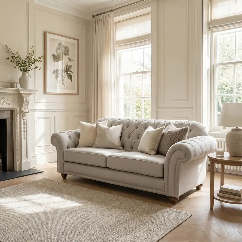 Chesterfield-Style 2-Seater Sofa – Warm Grey Upholstery 1