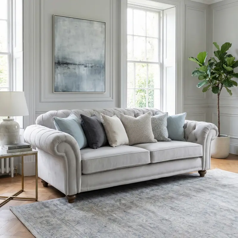 Chesterfield-Style 2-Seater Velvet Sofa – Feather Grey Finish 1