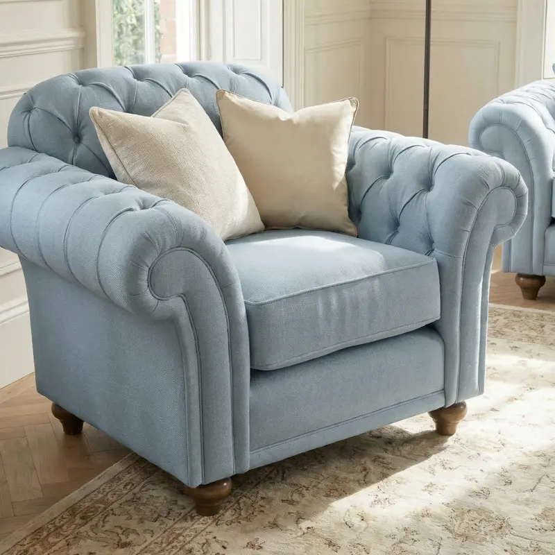 Classic Chesterfield Armchair – Sky Blue Upholstery 1
