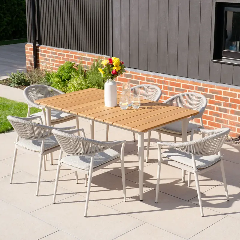 Cloverly Six-Person Rectangular Outdoor Dining Set With Teak Table – Latte 1