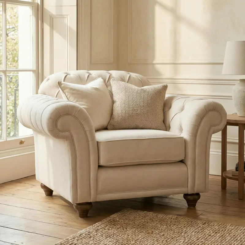 Elegant Chesterfield Armchair – Ivory Soft Fabric 1