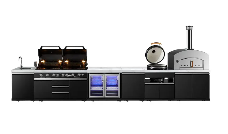 Element Twin-Hood 8-Burner Outdoor Kitchen — 304 Stainless Steel, White Stone Countertop, Dual-Door Fridge & Sink 5