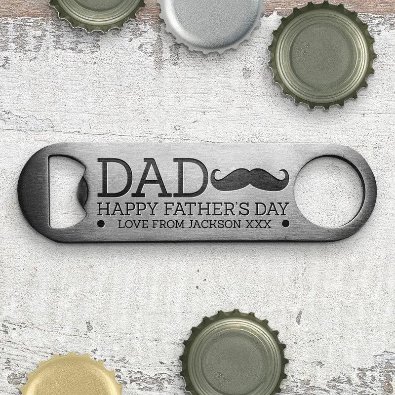 Engraved Stainless Steel Bottle Opener – Moustache Design 1