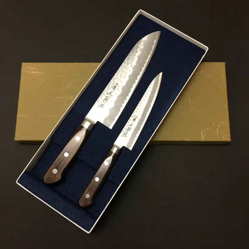 Gokaden Hammered Super Blue Steel Santoku And Utility Knife Pair 1