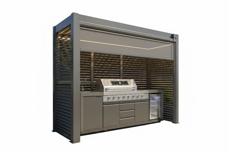 Grill King Charcoal Bbq Shelter Package – 6-Burner Charcoal Kitchen With Fridge & Sink + Louver Roof With Led Lighting & Privacy Blind 2