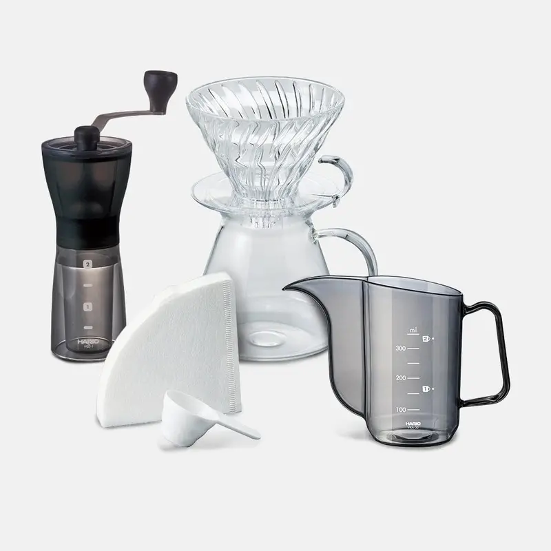 Hario Mini Mill Plus + Simply Hario V60 Glass Brew Kit 1