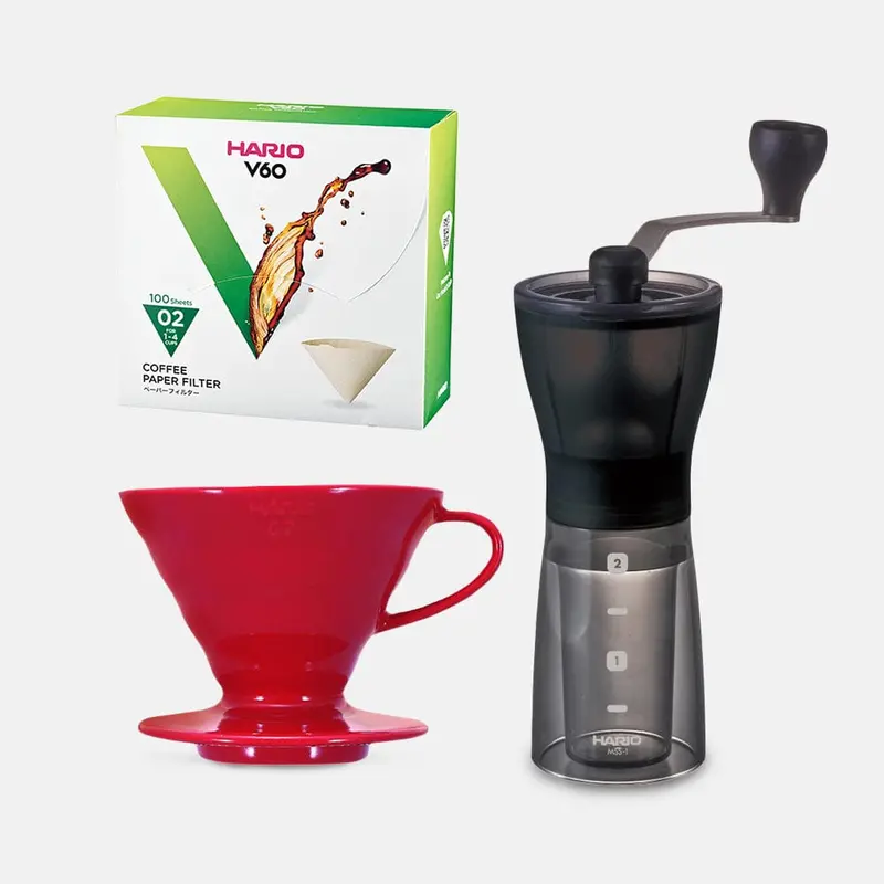 Hario Mini Mill Plus + V60 Ceramic Kit – Size 02, Red 1