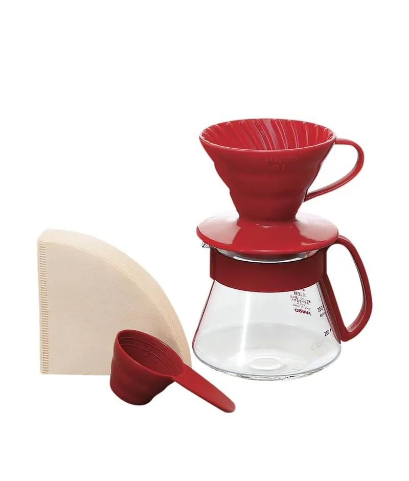 Hario V60 Ceramic Coffee Maker Kit – Red, Size 01 (Dripper + Filters + Scoop) 1