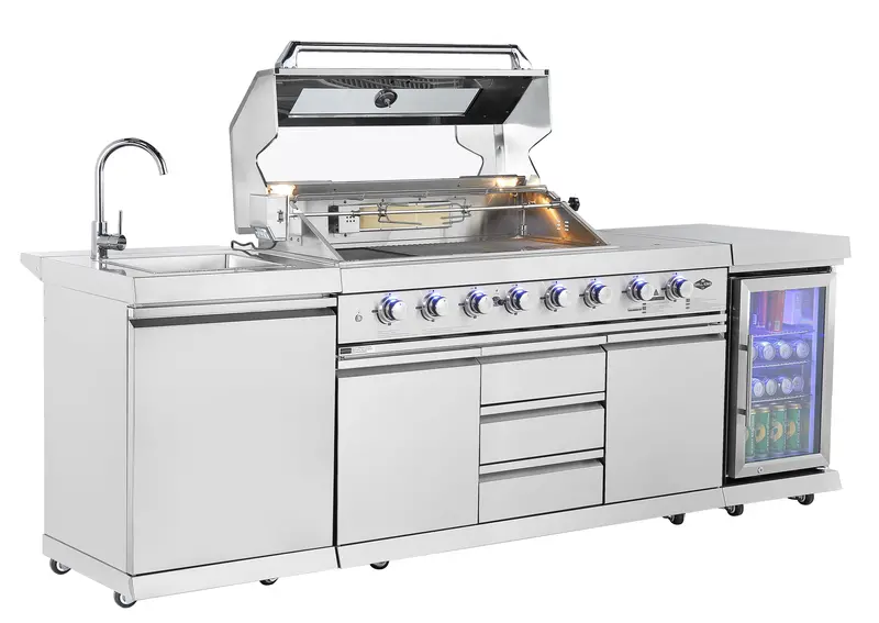 Hurricane 6-Burner Outdoor Kitchen — Stainless Steel Construction With Wok Burner, Rear Infrared, Fridge & Sink 1