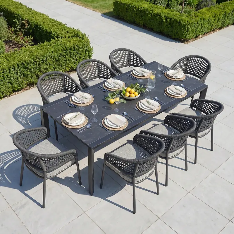 Kalama Eight-Person Extending Outdoor Dining Set With Ceramic Table – Truffle 1