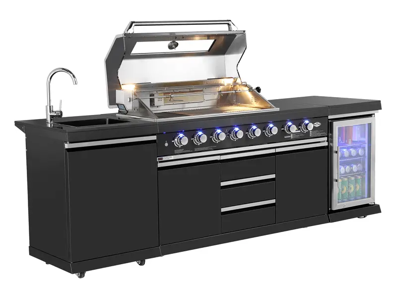 Kingsley 6-Burner Outdoor Kitchen — Black Stainless Steel Build, Stone Benchtop, Integrated Fridge & Sink 1
