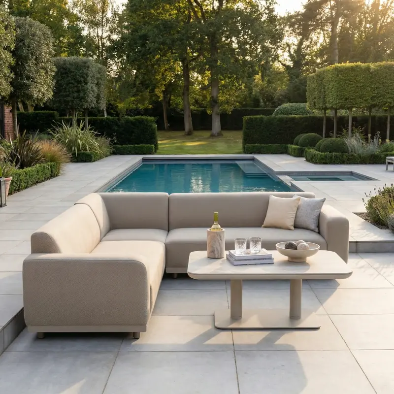 Luna Corner Sofa Set With Altura Rising Table – Fawn Outdoor Fabric 1
