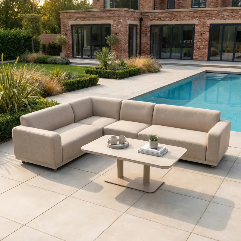Luna Large Corner Sofa Set With Altura Rising Table – Fawn Outdoor Fabric 1