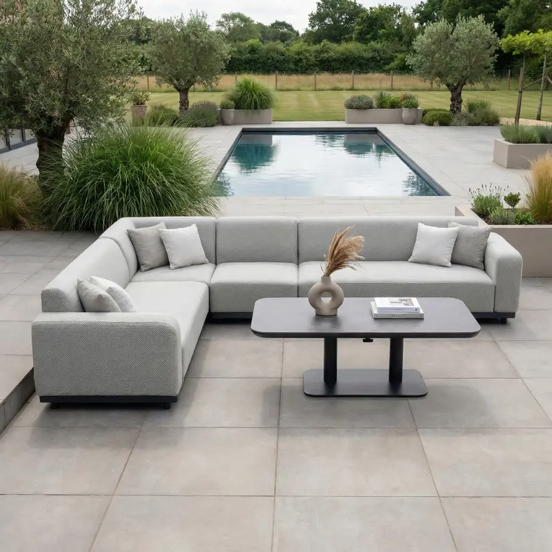 Luna Large Corner Sofa Set With Altura Rising Table – Oyster Grey Outdoor Fabric 1