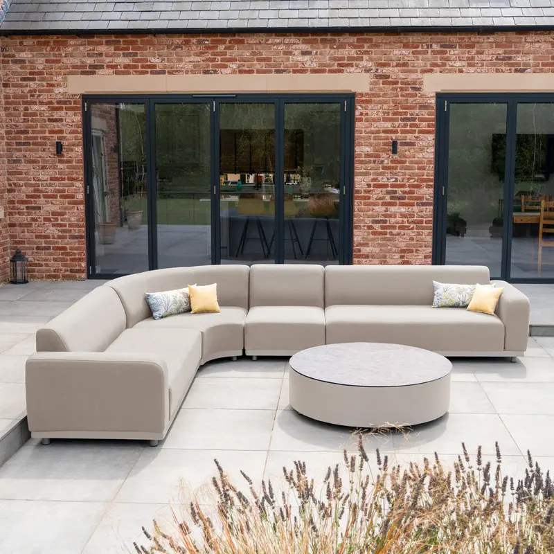 Luna Large Curved Outdoor Fabric Corner Sofa Set With Round Coffee Table – Warm Fawn 1