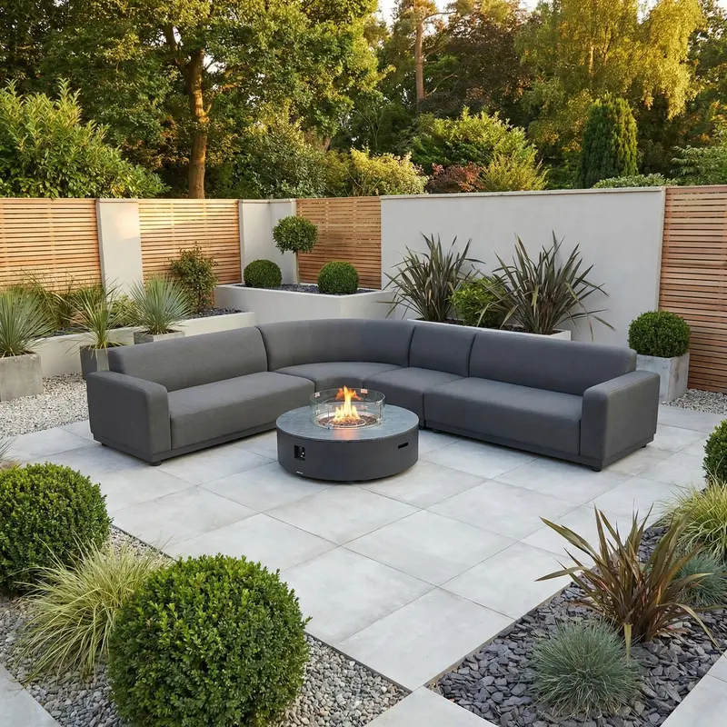 Luna Large Curved Outdoor Fabric Corner Sofa Set With Round Firepit Coffee Table – Charcoal Grey 1