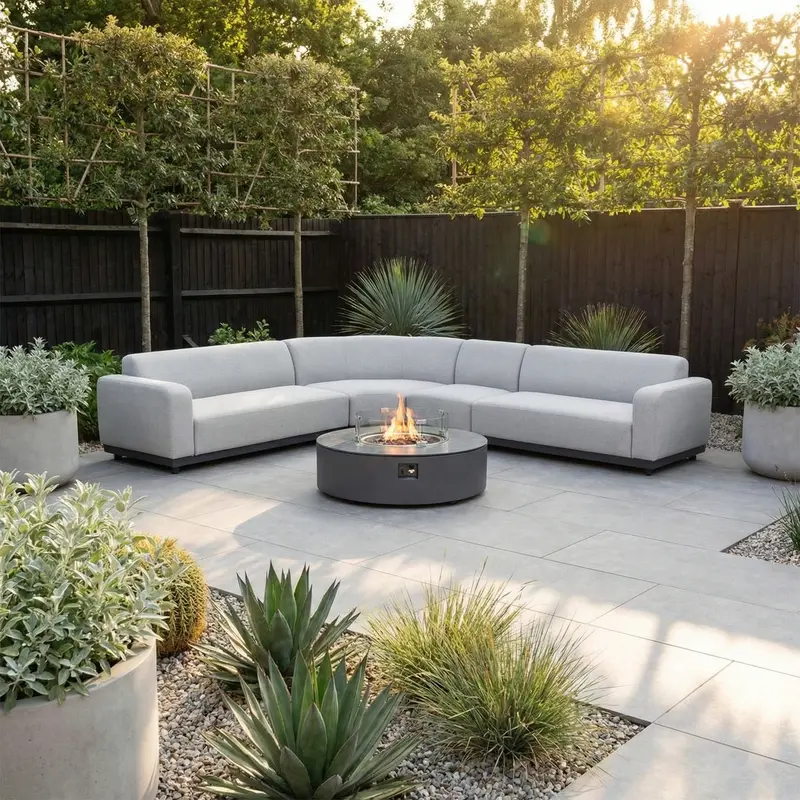Luna Large Curved Outdoor Fabric Corner Sofa Set With Round Firepit Coffee Table – Oyster Grey 1