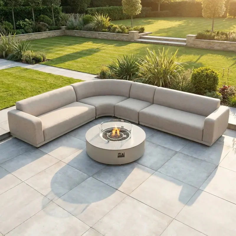 Luna Large Curved Outdoor Fabric Corner Sofa Set With Round Firepit Coffee Table – Warm Fawn 1