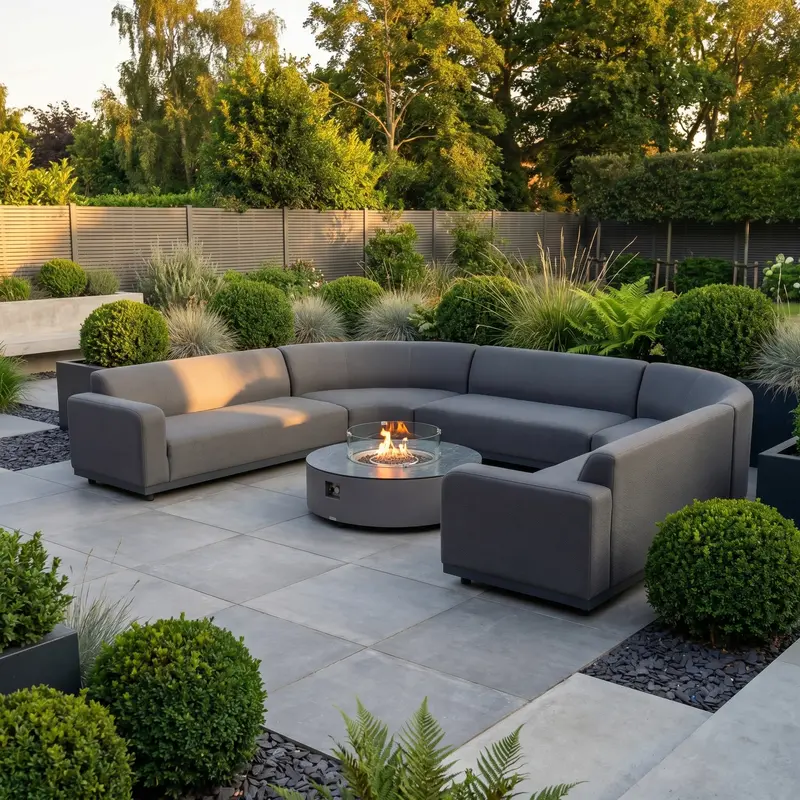 Luna U-Shape Curved Outdoor Corner Dining Set With Round Firepit Coffee Table – Grey 1
