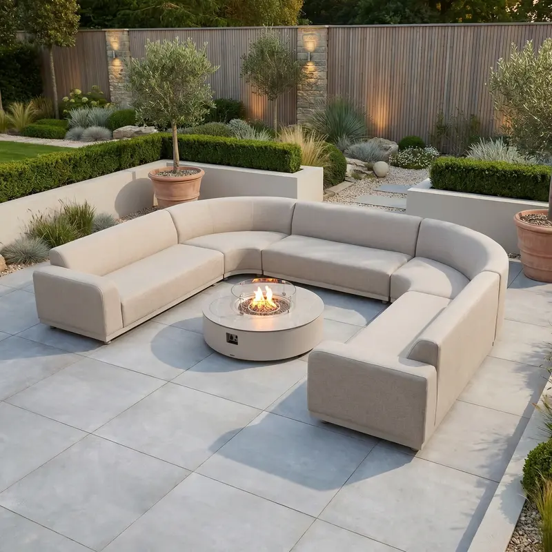 Luna U-Shape Curved Outdoor Corner Group With Round Firepit Coffee Table – Fawn 1