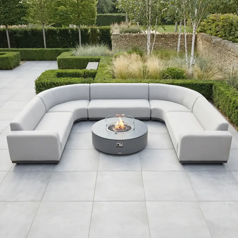 Luna U-Shape Curved Outdoor Corner Group With Round Firepit Coffee Table – Oyster Grey 1
