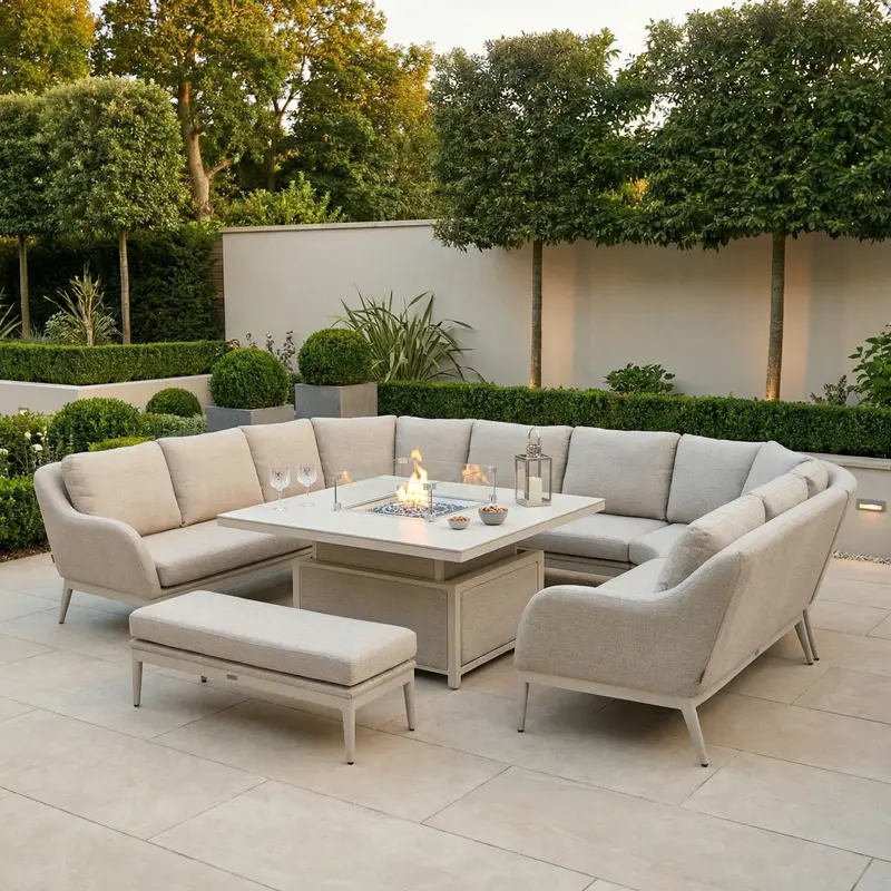 Luna U-Shape Outdoor Fabric Corner Dining Set With Rising Firepit Table – Warm Fawn 1