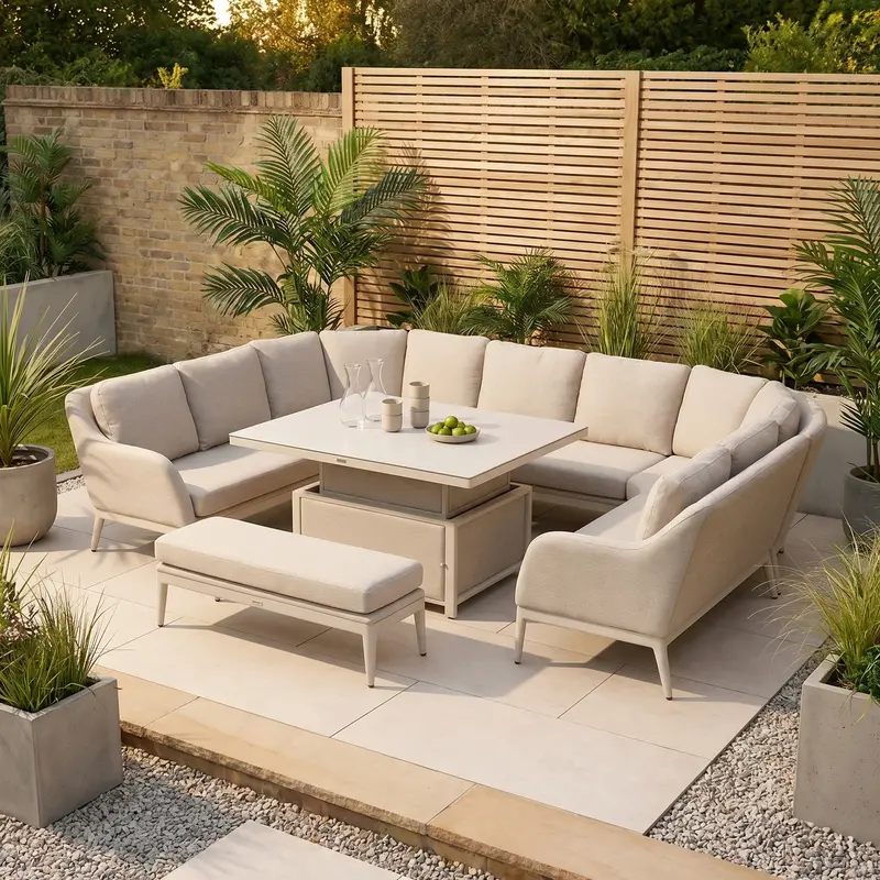 Luna U-Shape Outdoor Fabric Corner Dining Set With Rising Table – Warm Fawn 1