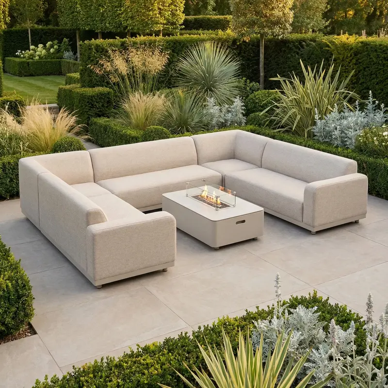 Luna U-Shape Outdoor Fabric Sofa Set With Firepit Coffee Table – Warm Fawn 1