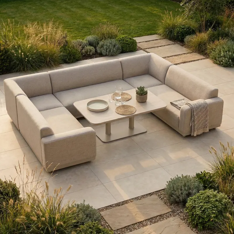 Luna U-Shaped Outdoor Sofa Set With Altura Rising Table – Fawn Fabric 1