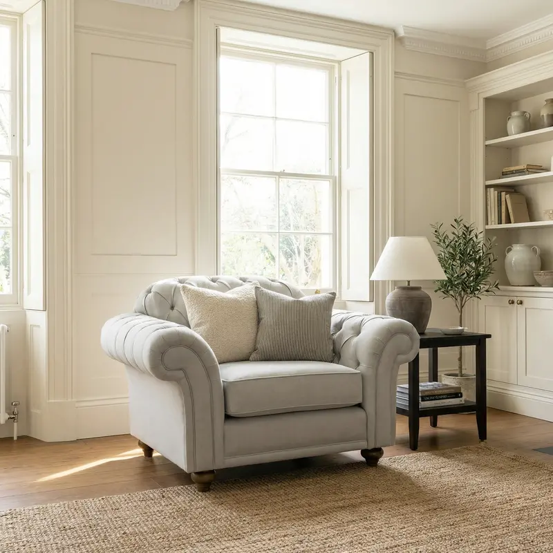 Modern Chesterfield Armchair – Warm Grey Textured Upholstery 1