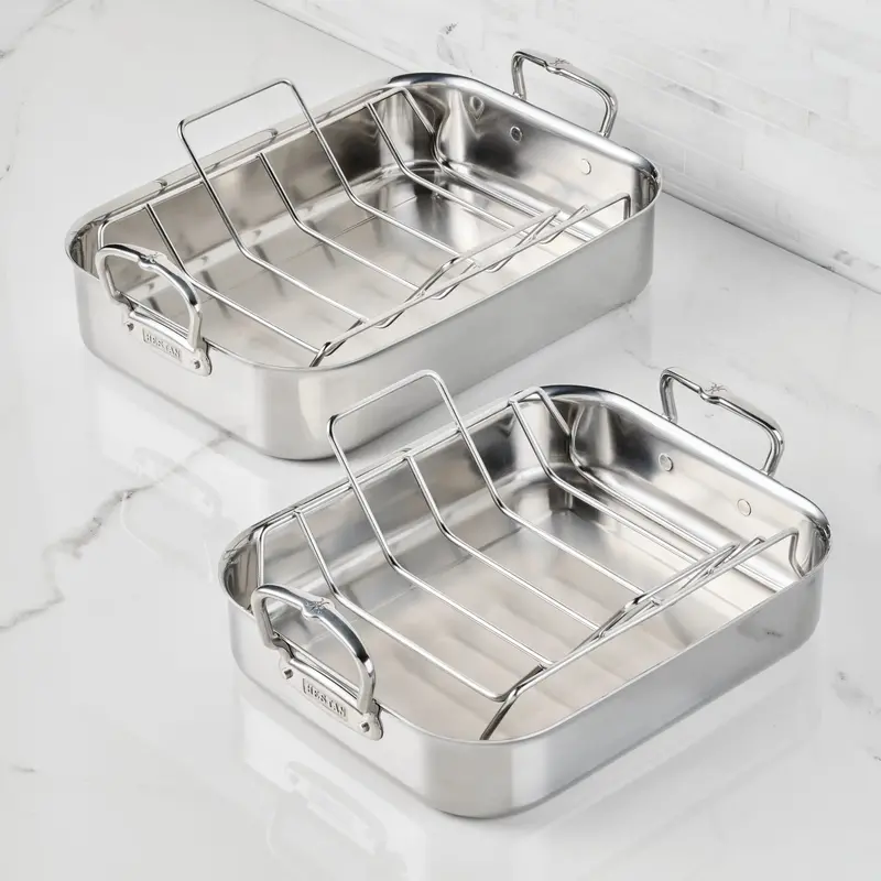 Oven-Safe Clad Stainless Steel Roasting Pan With Rack 1