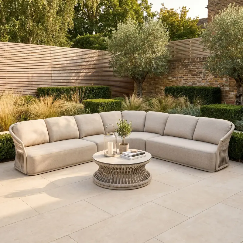 Pello Deluxe Curved Sofa Set With Round Coffee Table – Fawn Finish 1