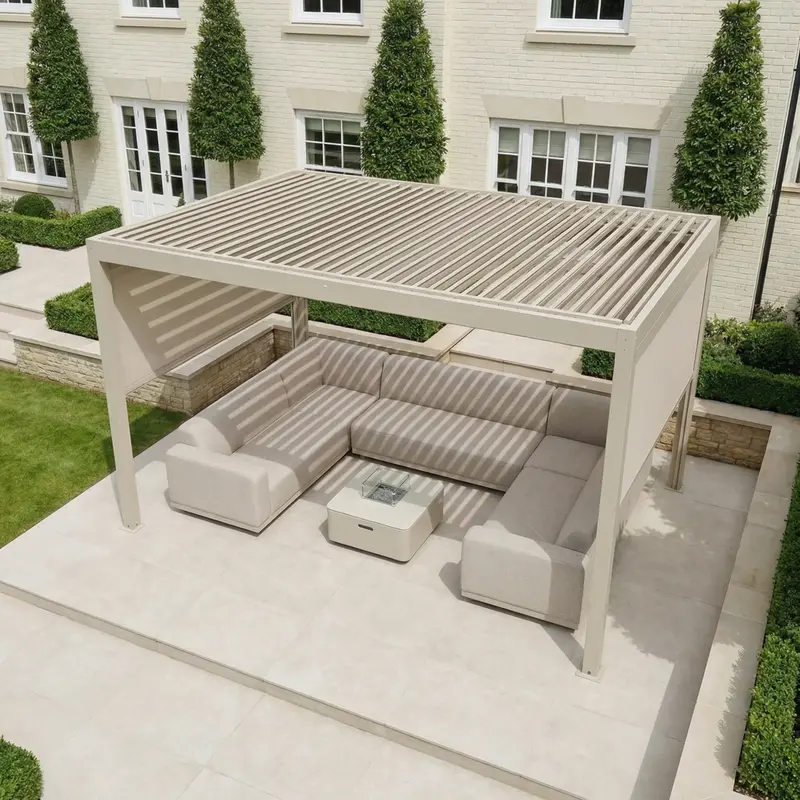 Pergostet Plus 3M × 4M Rectangular Pergola – Latte Finish With Manual Side Blinds & Led Lights 1
