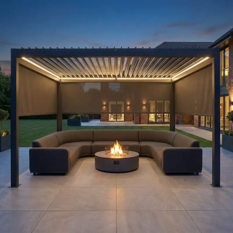 Pergostet Plus 4M × 4M Square Pergola – Grey With Manual Side Blinds & Led Lights 1