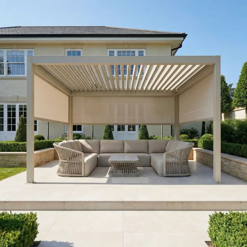 Pergostet Plus 4M × 4M Square Pergola – Latte Color, Integrated Blinds & Led Lighting 1