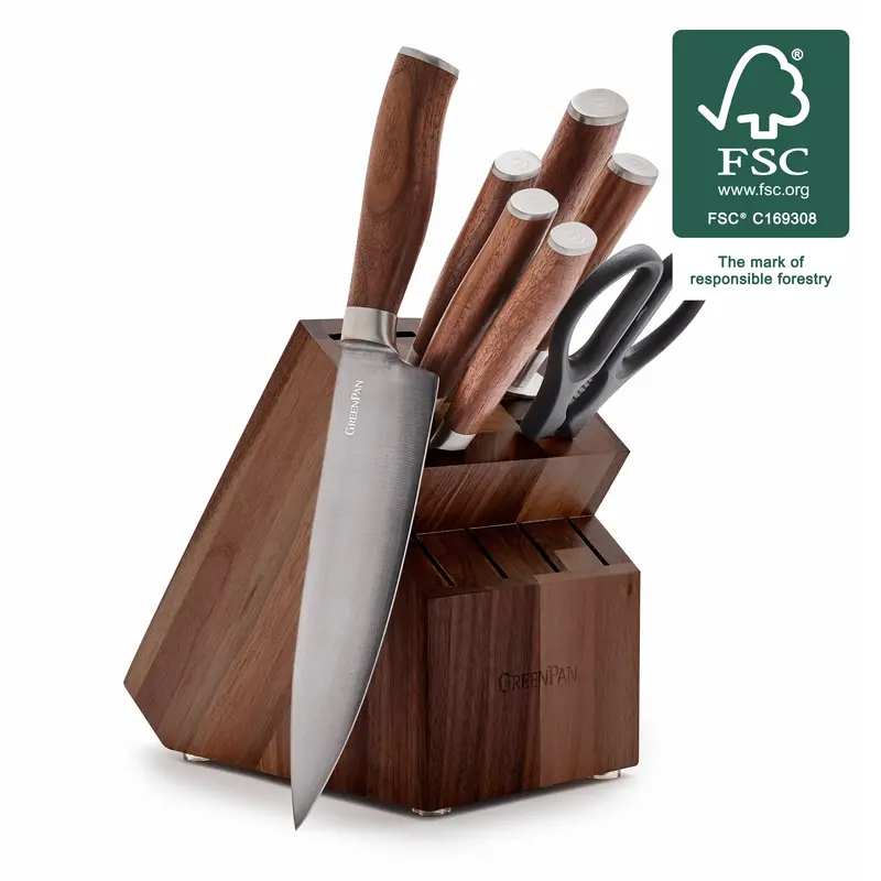 Premiere Titanium Knife Set – 8-Piece Block With Walnut-Handled Blades 1