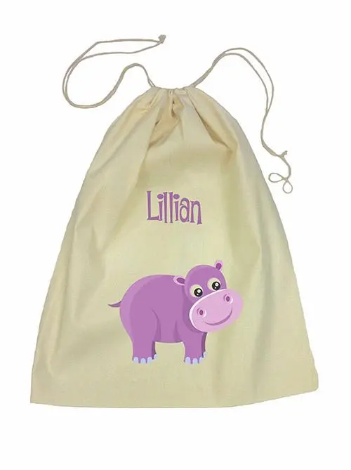 Purple Hippo Drawstring Bag – Whimsical Animal Cotton Pouch 1