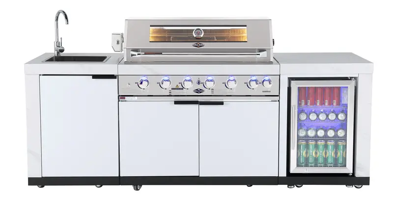 Rockpool 6B Non-Wok Outdoor Kitchen — Hampton-Style White Cabinetry, Fridge, Sink, Rotisserie & Cover 1