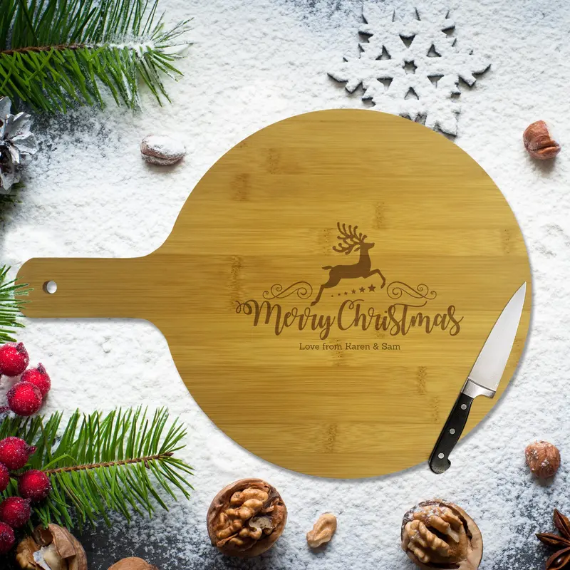 Round Bamboo Serving Board With Reindeer Holiday Design 1