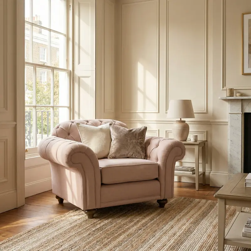 Traditional Chesterfield Armchair – Dusky Pink Fabric 1
