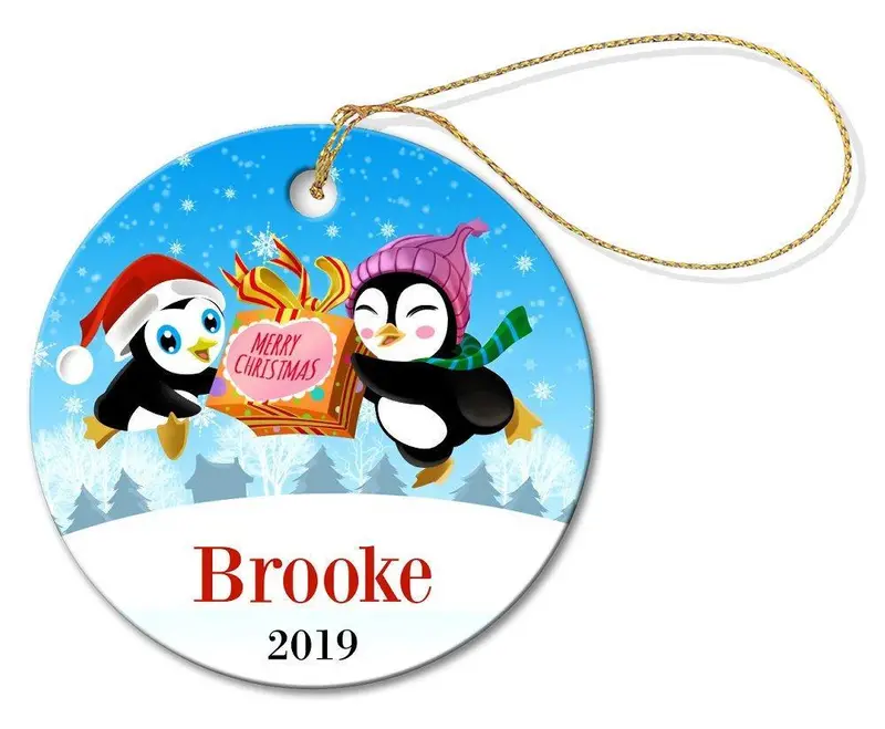 Two Penguins Round Wall Or Tree Decoration – Festive Ceramic Charm 1