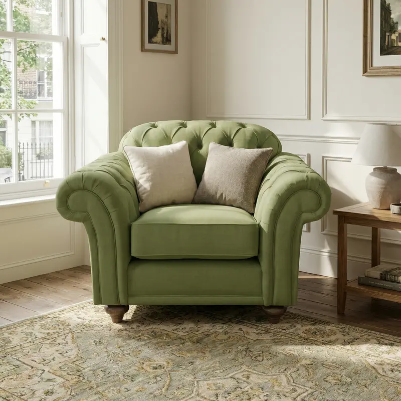 Vintage-Inspired Chesterfield Armchair – Olive Green Finish 1